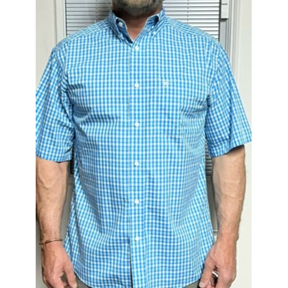 ARIAT Men's WRINKLE FREE S/S Shirt M Turquoise/White Plaid Button Down NWOT